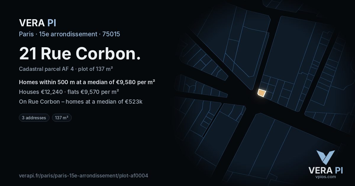 21 Rue Corbon, 15e arrondissement at night – the plot lit, the parcels around coloured by the prices near them