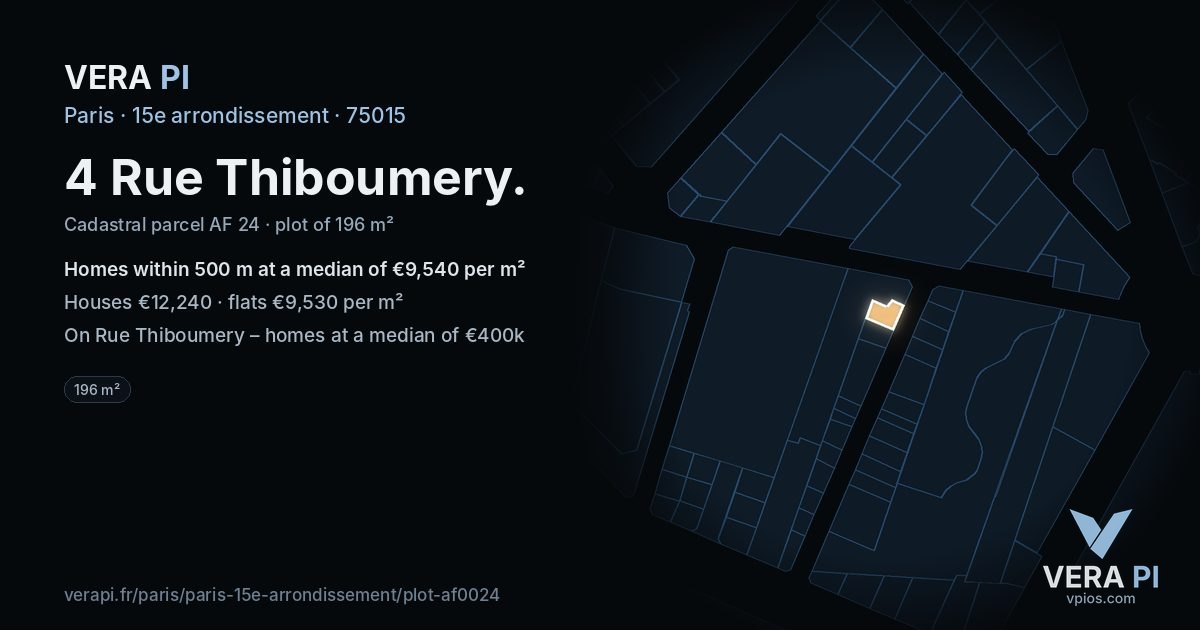 4 Rue Thiboumery, 15e arrondissement at night – the plot lit, the parcels around coloured by the prices near them