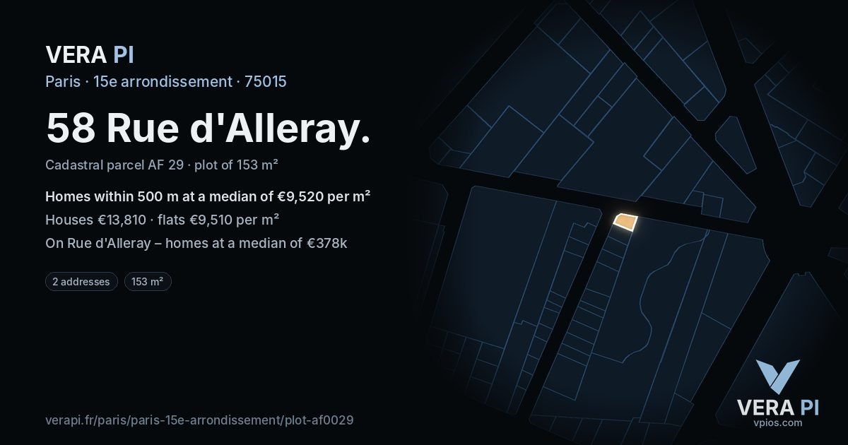 58 Rue d'Alleray, 15e arrondissement at night – the plot lit, the parcels around coloured by the prices near them