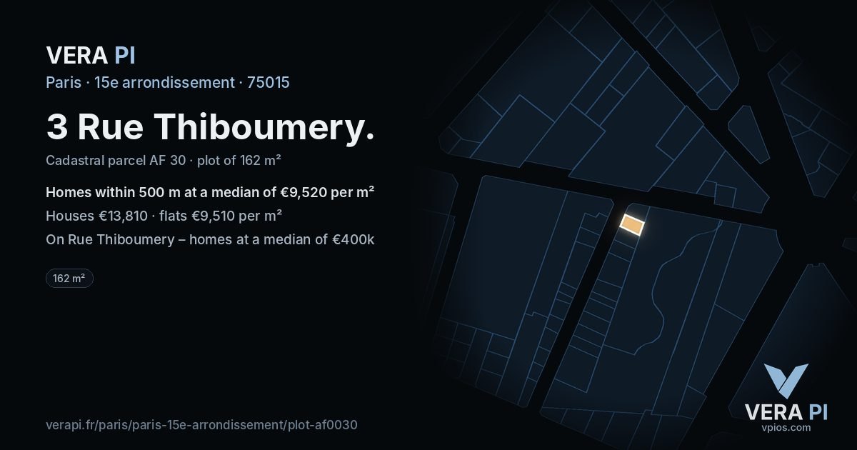 3 Rue Thiboumery, 15e arrondissement at night – the plot lit, the parcels around coloured by the prices near them