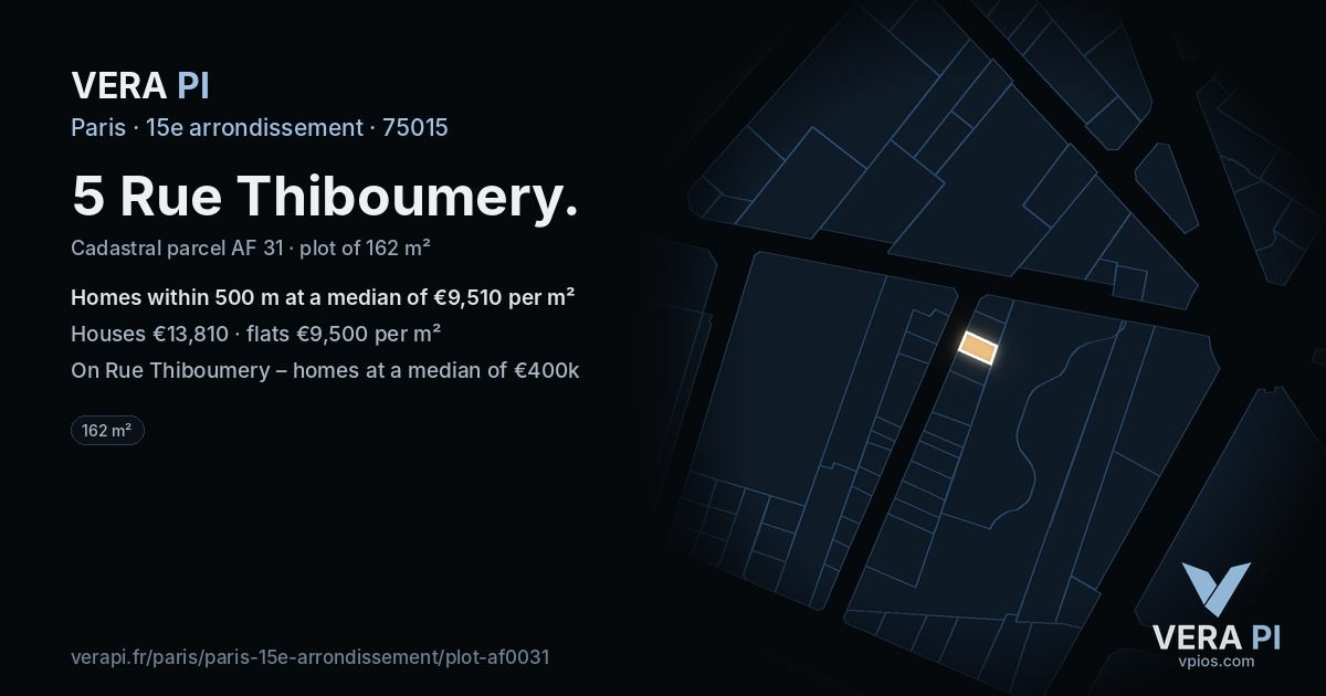 5 Rue Thiboumery, 15e arrondissement at night – the plot lit, the parcels around coloured by the prices near them
