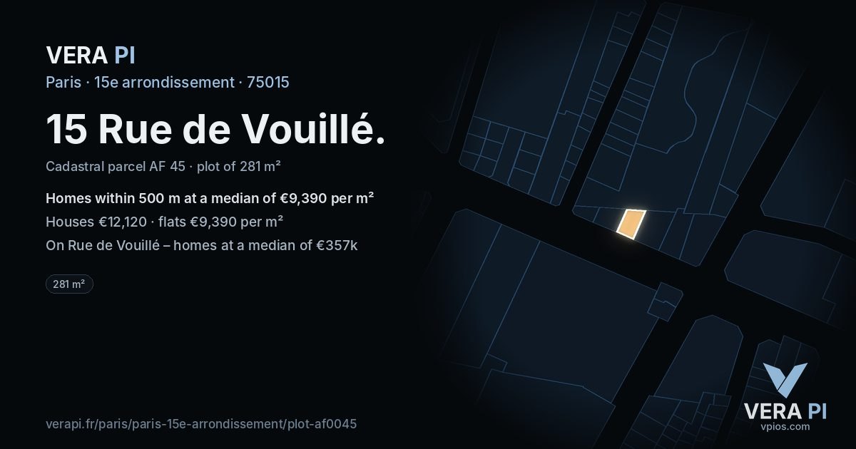 15 Rue de Vouillé, 15e arrondissement at night – the plot lit, the parcels around coloured by the prices near them