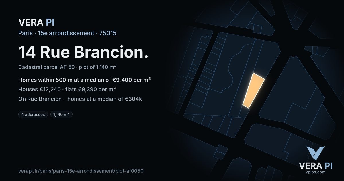 14 Rue Brancion, 15e arrondissement at night – the plot lit, the parcels around coloured by the prices near them