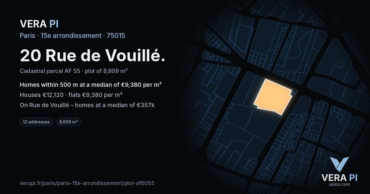 20 Rue de Vouillé, 15e arrondissement at night – the plot lit, the parcels around coloured by the prices near them