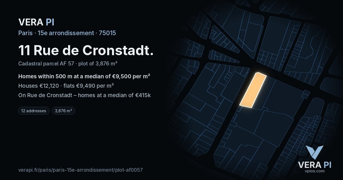 11 Rue de Cronstadt, 15e arrondissement at night – the plot lit, the parcels around coloured by the prices near them