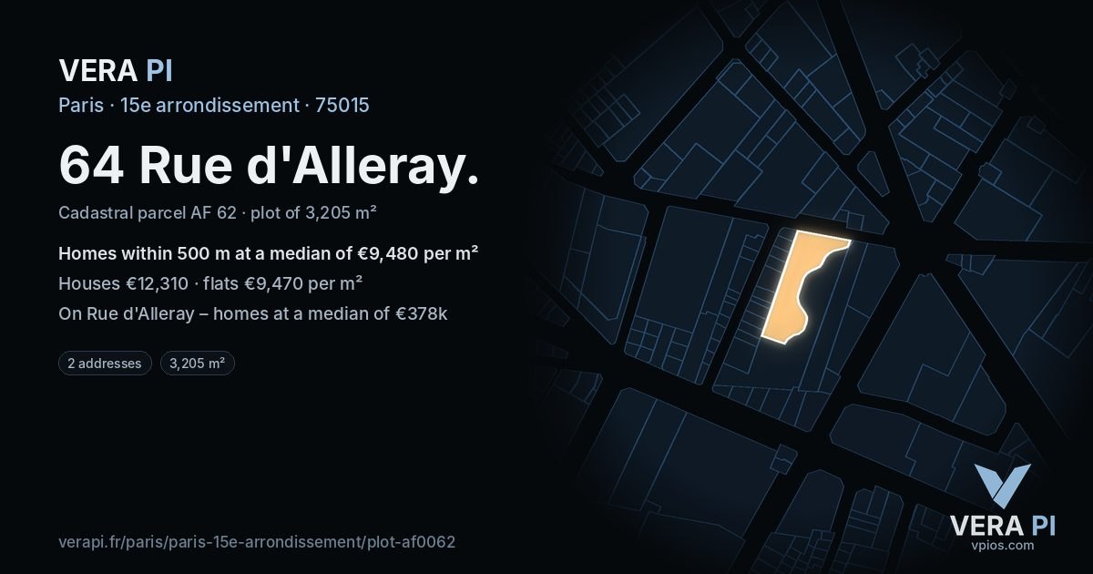 64 Rue d'Alleray, 15e arrondissement at night – the plot lit, the parcels around coloured by the prices near them