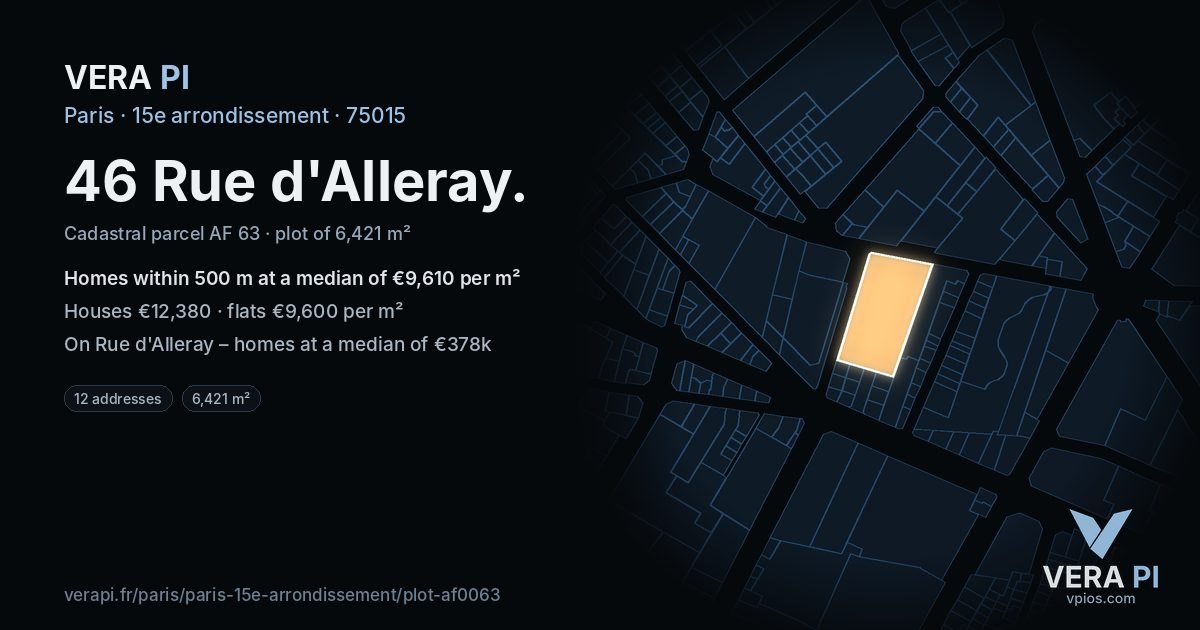 46 Rue d'Alleray, 15e arrondissement at night – the plot lit, the parcels around coloured by the prices near them