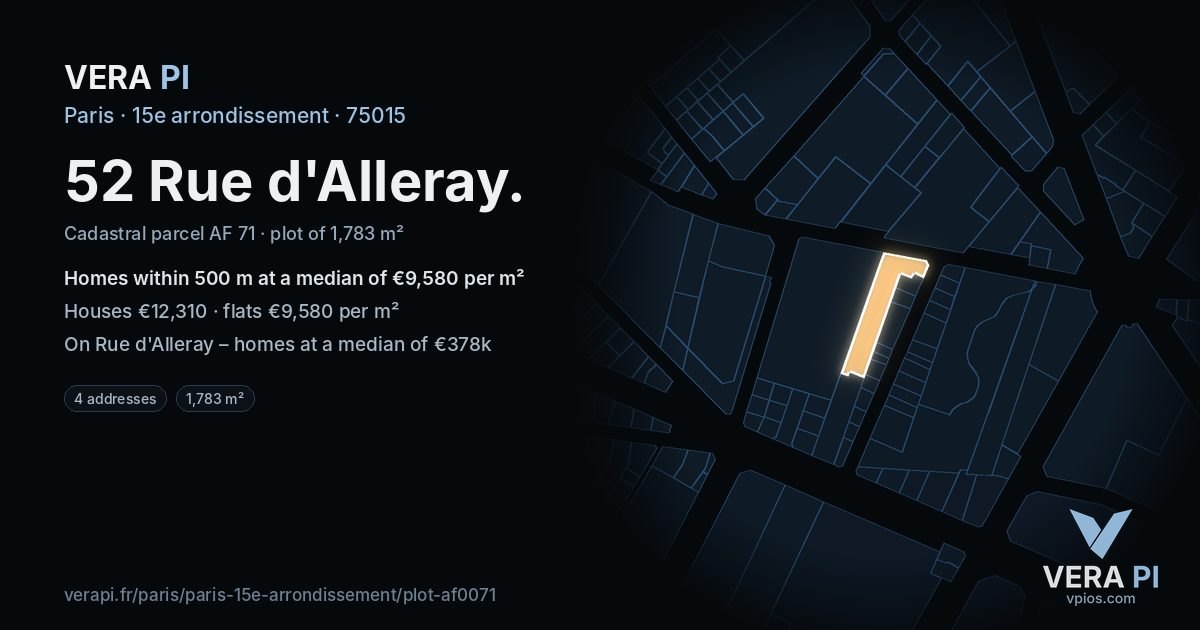 52 Rue d'Alleray, 15e arrondissement at night – the plot lit, the parcels around coloured by the prices near them