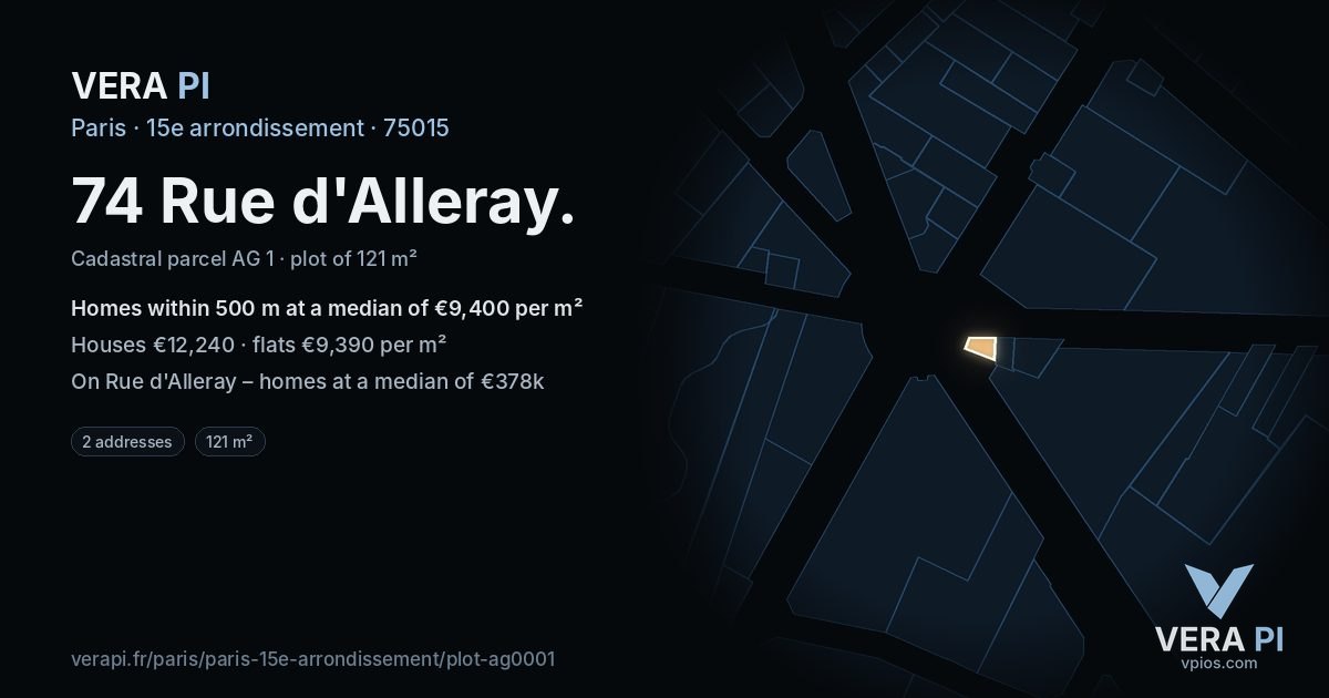 74 Rue d'Alleray, 15e arrondissement at night – the plot lit, the parcels around coloured by the prices near them
