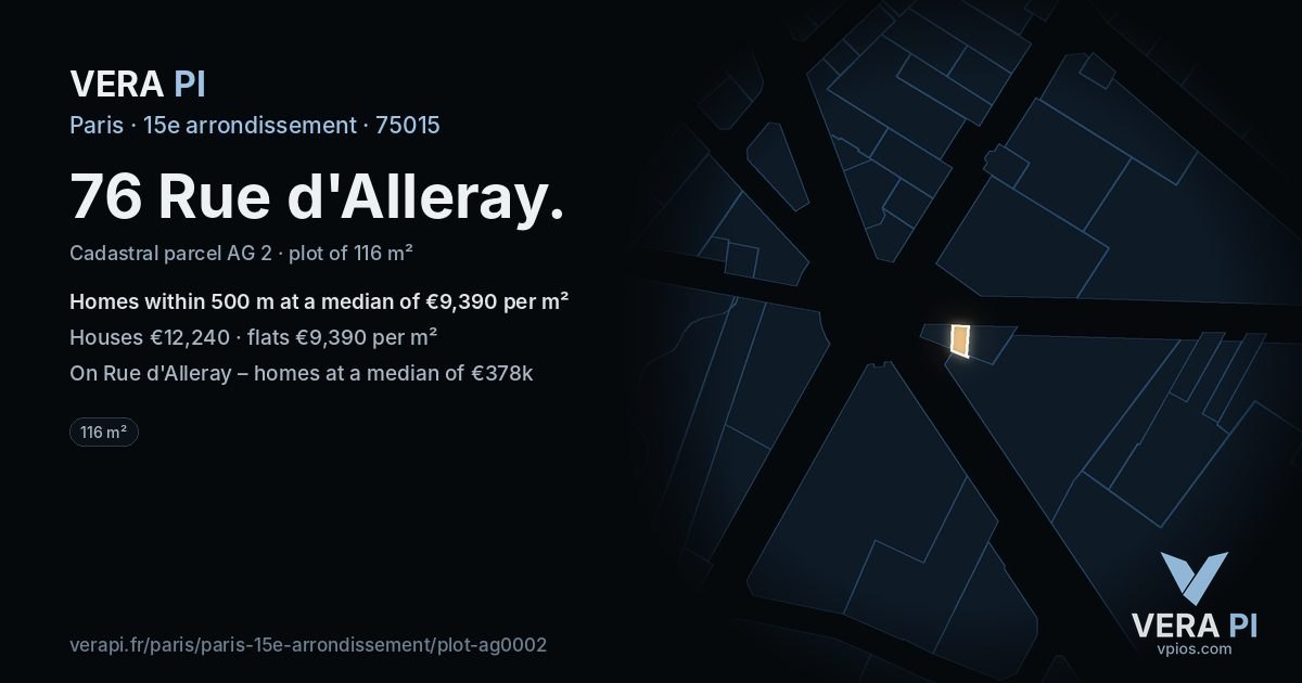 76 Rue d'Alleray, 15e arrondissement at night – the plot lit, the parcels around coloured by the prices near them