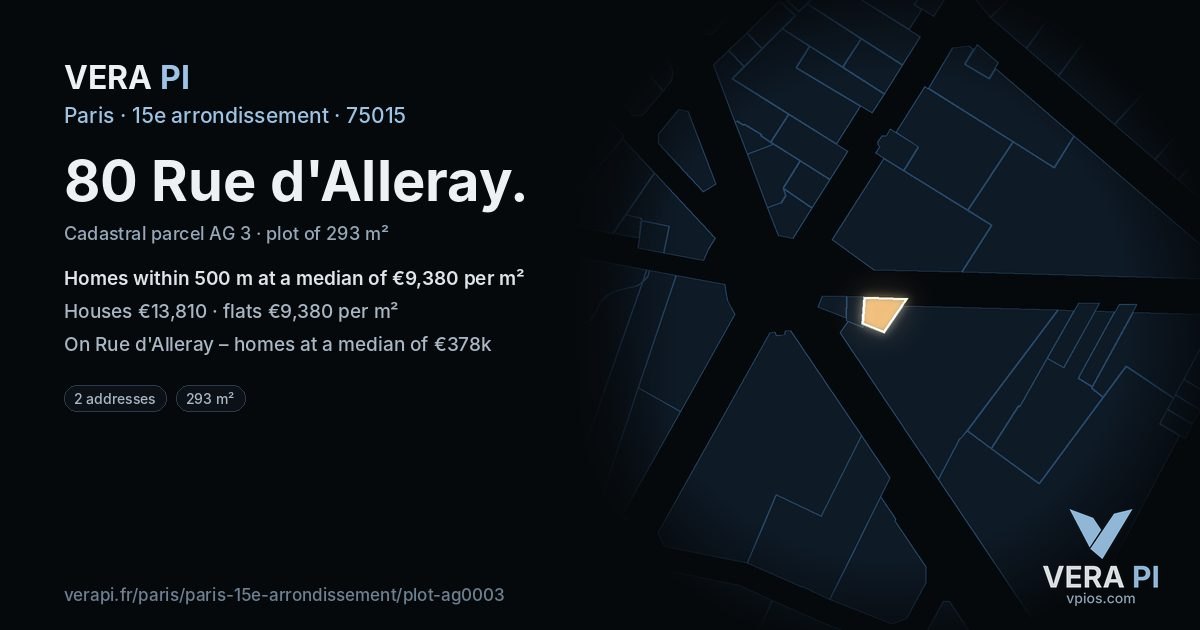 80 Rue d'Alleray, 15e arrondissement at night – the plot lit, the parcels around coloured by the prices near them