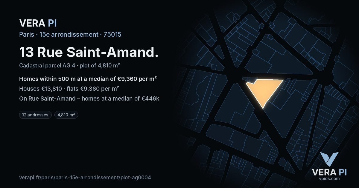 13 Rue Saint-Amand, 15e arrondissement at night – the plot lit, the parcels around coloured by the prices near them