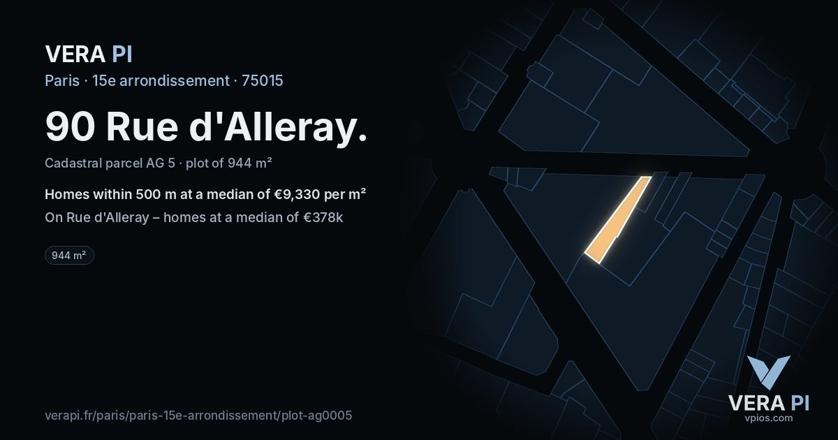 90 Rue d'Alleray, 15e arrondissement at night – the plot lit, the parcels around coloured by the prices near them