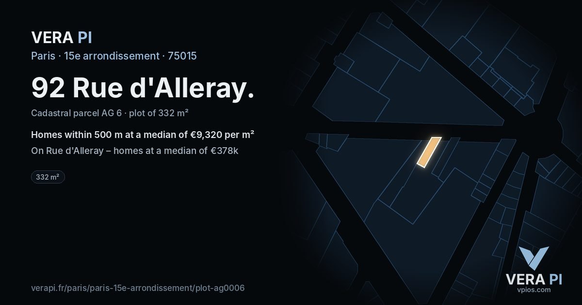 92 Rue d'Alleray, 15e arrondissement at night – the plot lit, the parcels around coloured by the prices near them