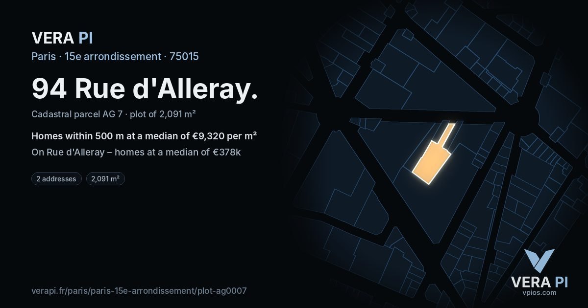 94 Rue d'Alleray, 15e arrondissement at night – the plot lit, the parcels around coloured by the prices near them