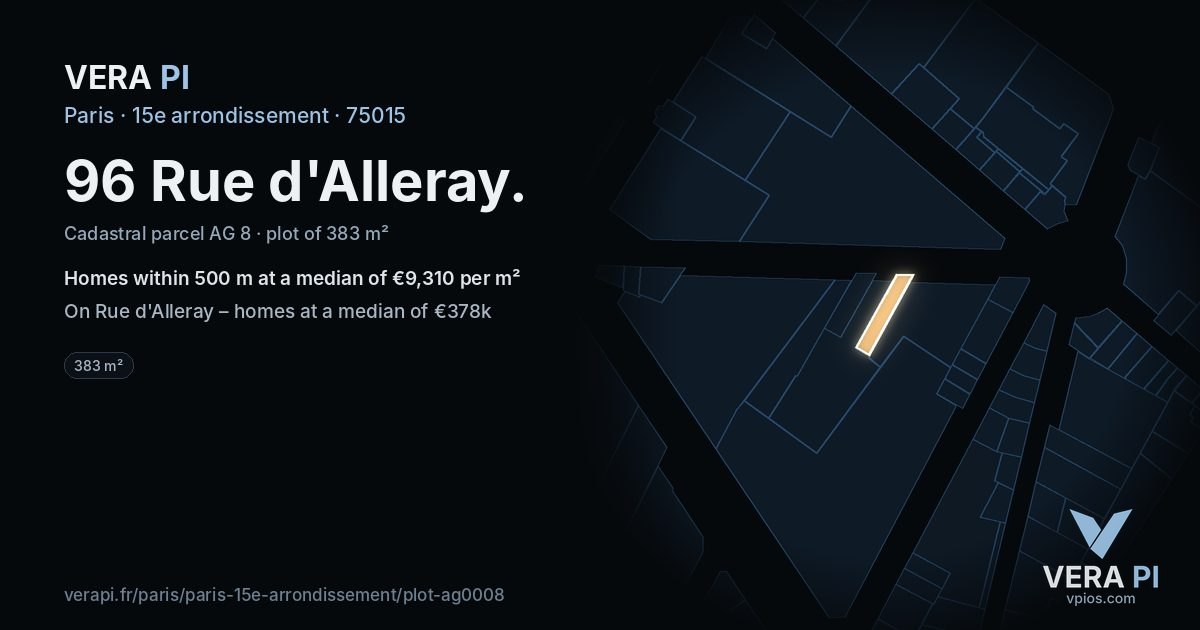 96 Rue d'Alleray, 15e arrondissement at night – the plot lit, the parcels around coloured by the prices near them