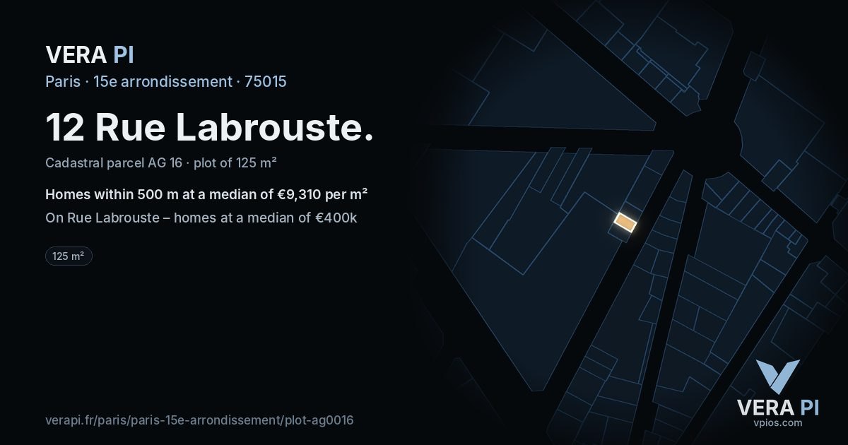 12 Rue Labrouste, 15e arrondissement at night – the plot lit, the parcels around coloured by the prices near them