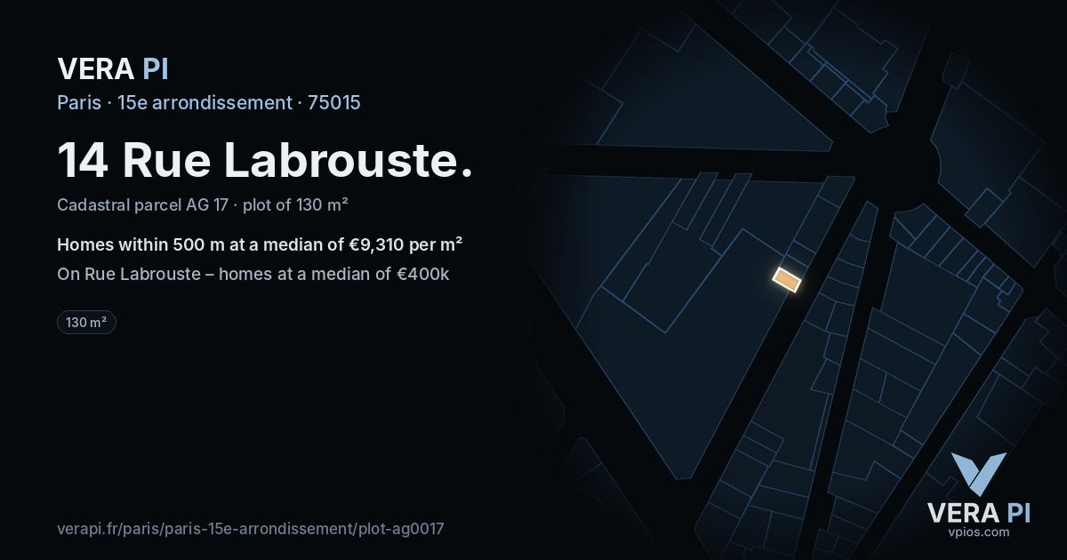 14 Rue Labrouste, 15e arrondissement at night – the plot lit, the parcels around coloured by the prices near them