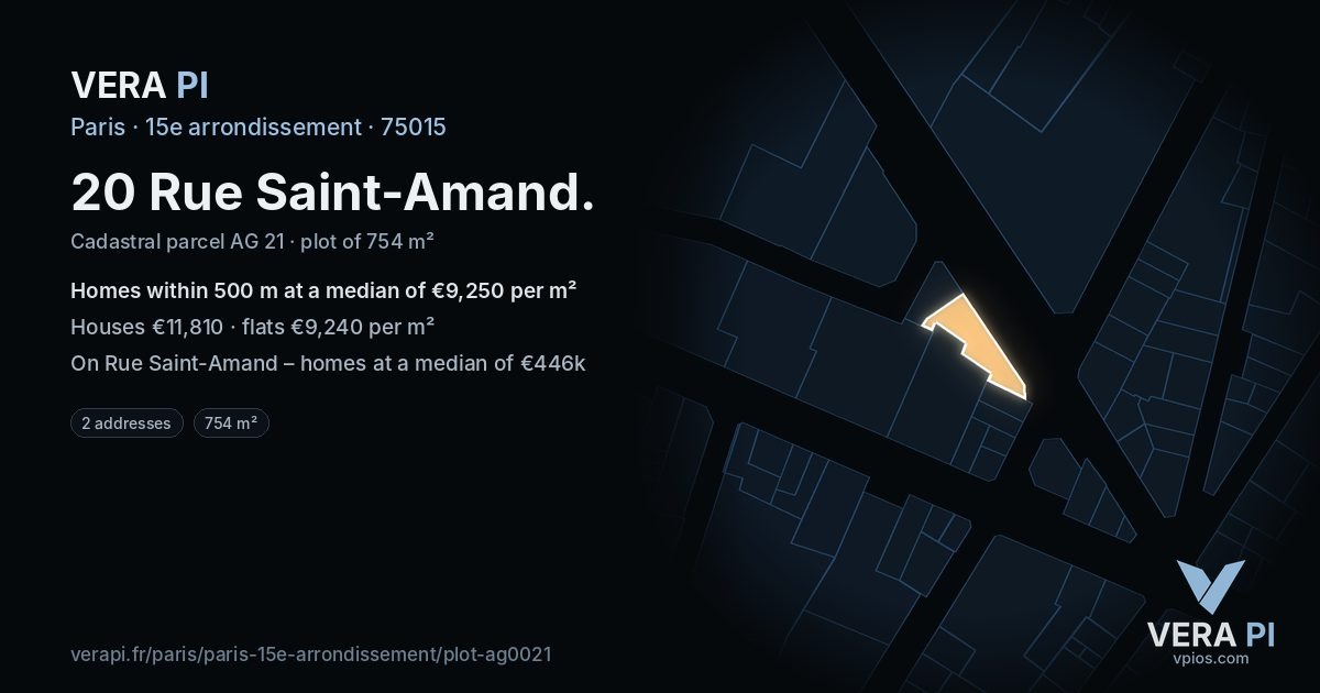 20 Rue Saint-Amand, 15e arrondissement at night – the plot lit, the parcels around coloured by the prices near them