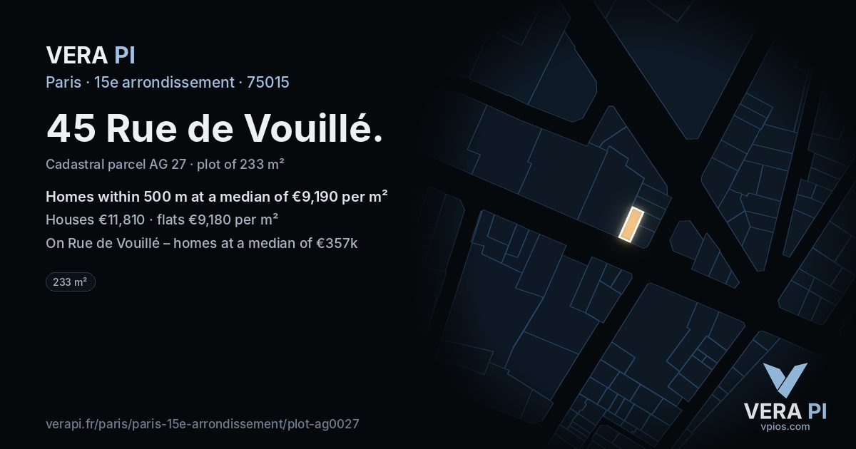 45 Rue de Vouillé, 15e arrondissement at night – the plot lit, the parcels around coloured by the prices near them