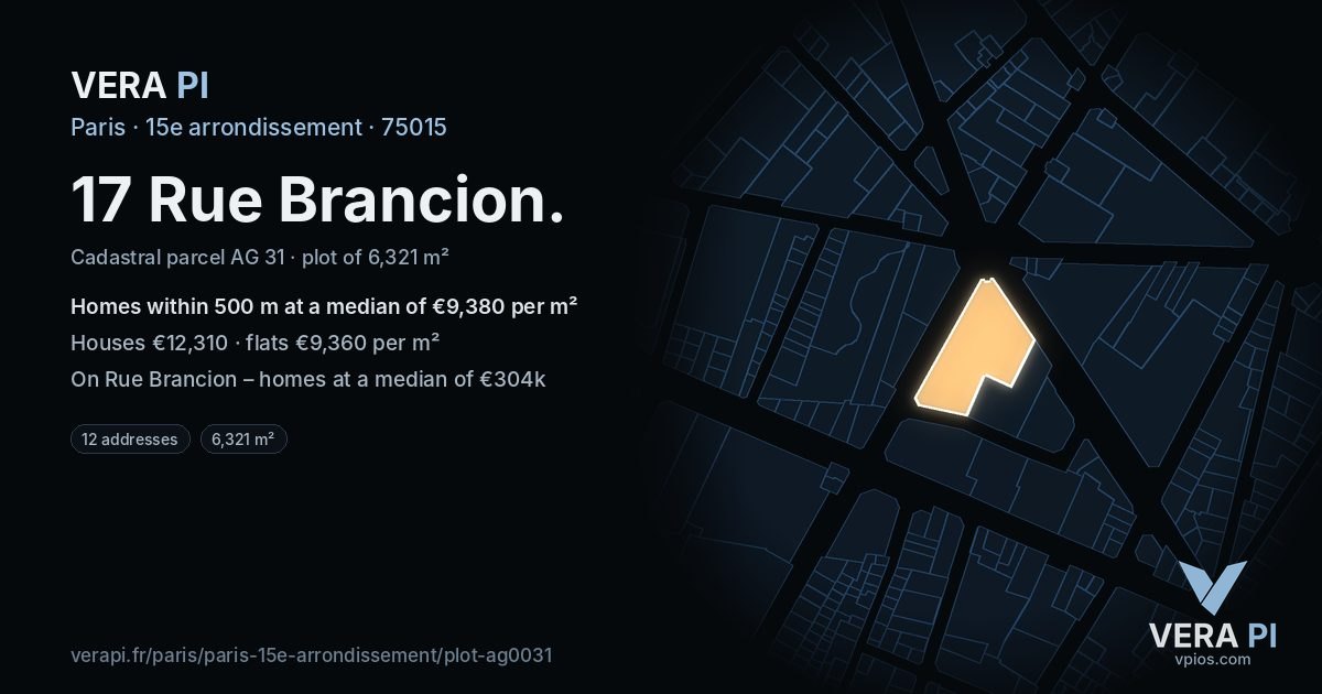 17 Rue Brancion, 15e arrondissement at night – the plot lit, the parcels around coloured by the prices near them