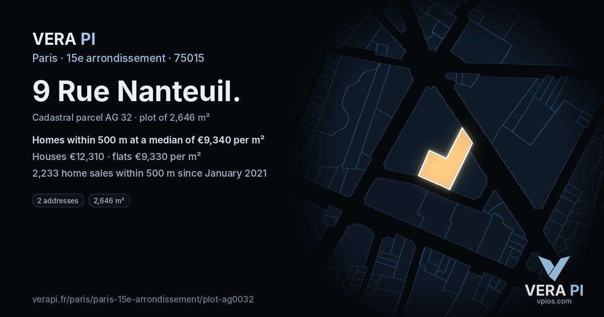 9 Rue Nanteuil, 15e arrondissement at night – the plot lit, the parcels around coloured by the prices near them