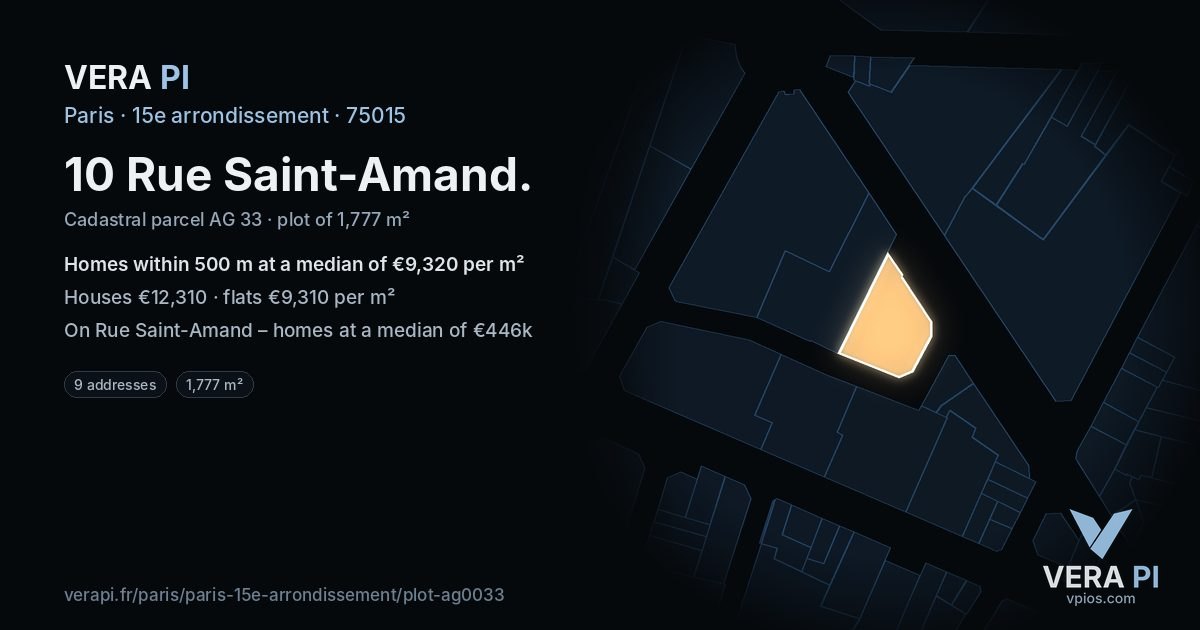10 Rue Saint-Amand, 15e arrondissement at night – the plot lit, the parcels around coloured by the prices near them