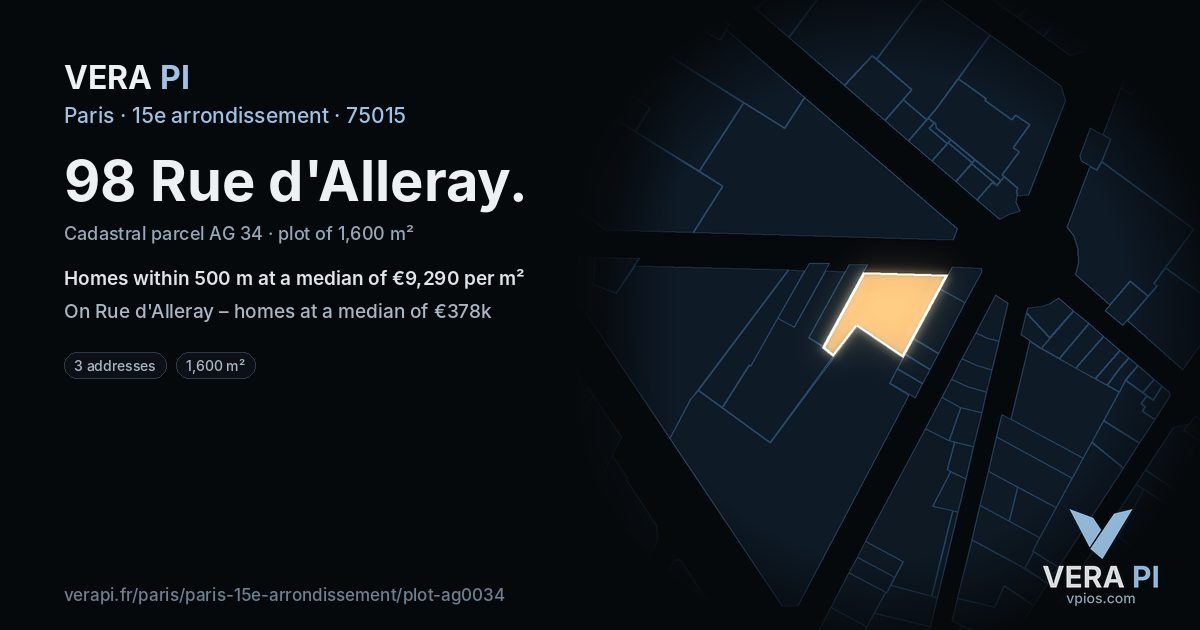 98 Rue d'Alleray, 15e arrondissement at night – the plot lit, the parcels around coloured by the prices near them