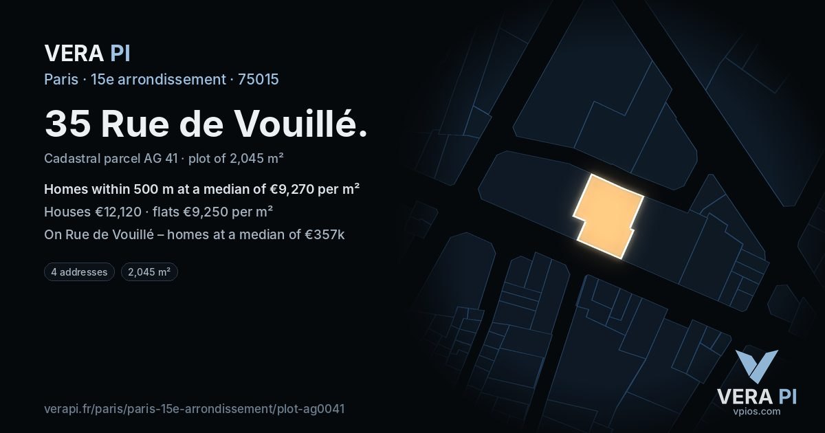 35 Rue de Vouillé, 15e arrondissement at night – the plot lit, the parcels around coloured by the prices near them