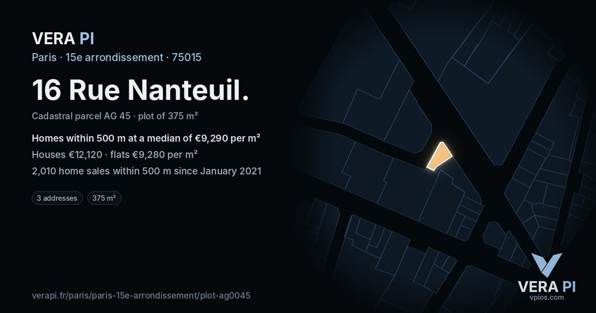 16 Rue Nanteuil, 15e arrondissement at night – the plot lit, the parcels around coloured by the prices near them