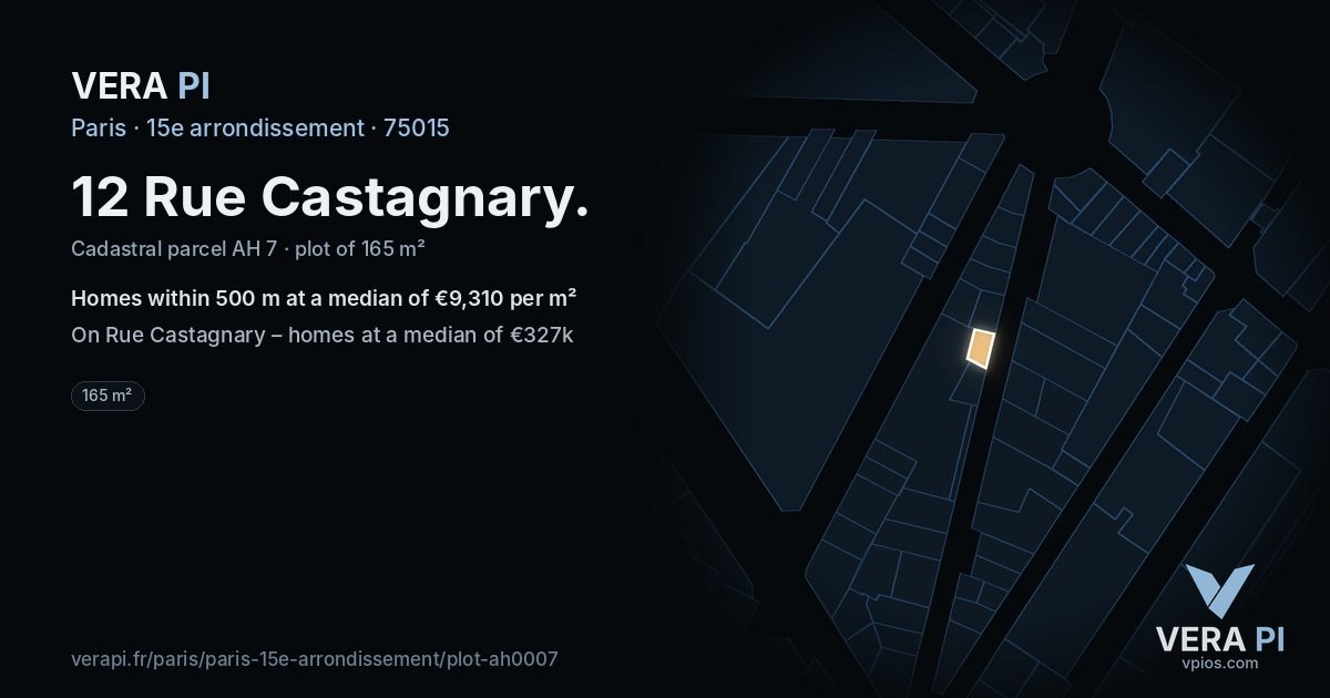 12 Rue Castagnary, 15e arrondissement at night – the plot lit, the parcels around coloured by the prices near them