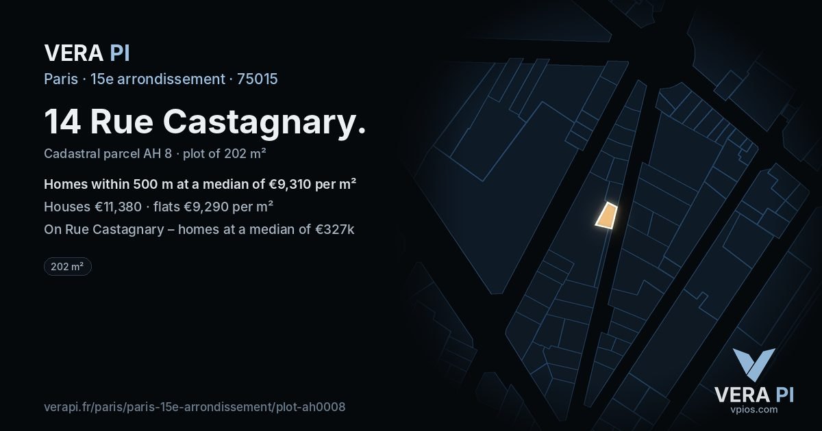 14 Rue Castagnary, 15e arrondissement at night – the plot lit, the parcels around coloured by the prices near them