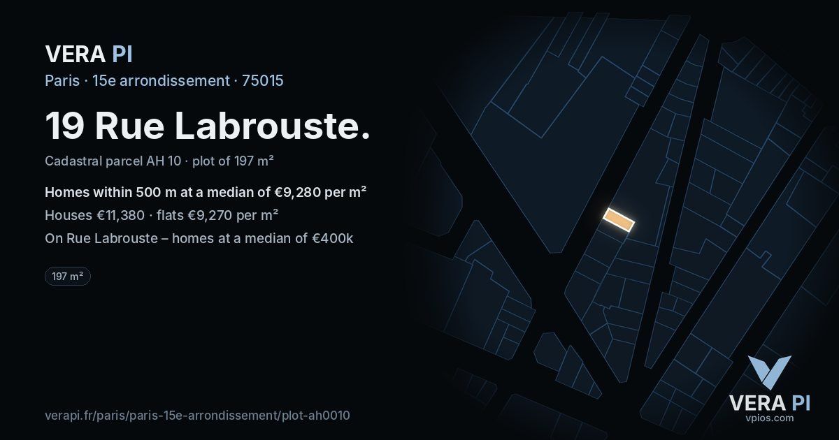 19 Rue Labrouste, 15e arrondissement at night – the plot lit, the parcels around coloured by the prices near them