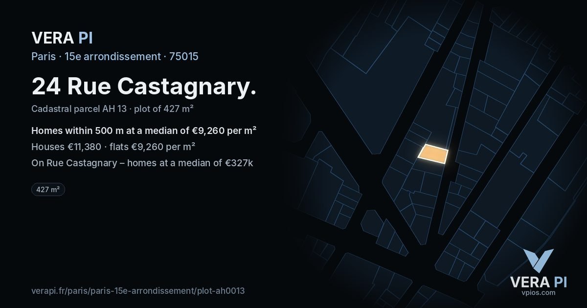 24 Rue Castagnary, 15e arrondissement at night – the plot lit, the parcels around coloured by the prices near them