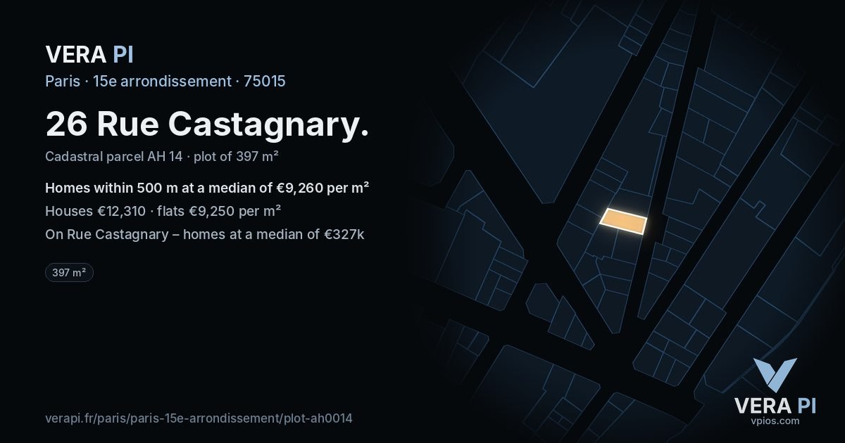 26 Rue Castagnary, 15e arrondissement at night – the plot lit, the parcels around coloured by the prices near them