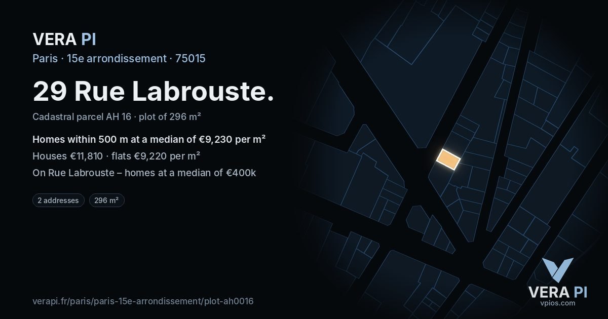 29 Rue Labrouste, 15e arrondissement at night – the plot lit, the parcels around coloured by the prices near them
