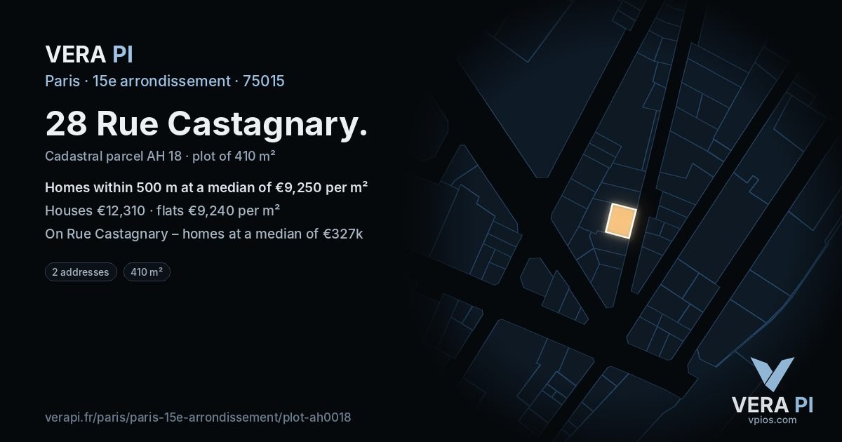 28 Rue Castagnary, 15e arrondissement at night – the plot lit, the parcels around coloured by the prices near them