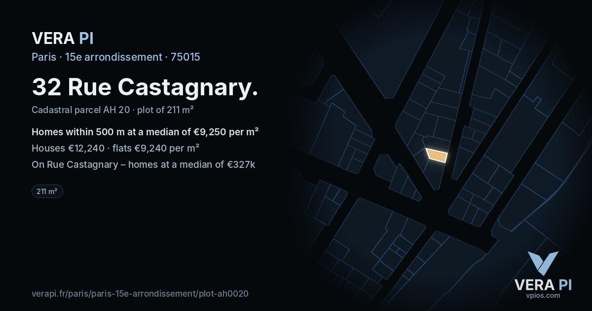 32 Rue Castagnary, 15e arrondissement at night – the plot lit, the parcels around coloured by the prices near them