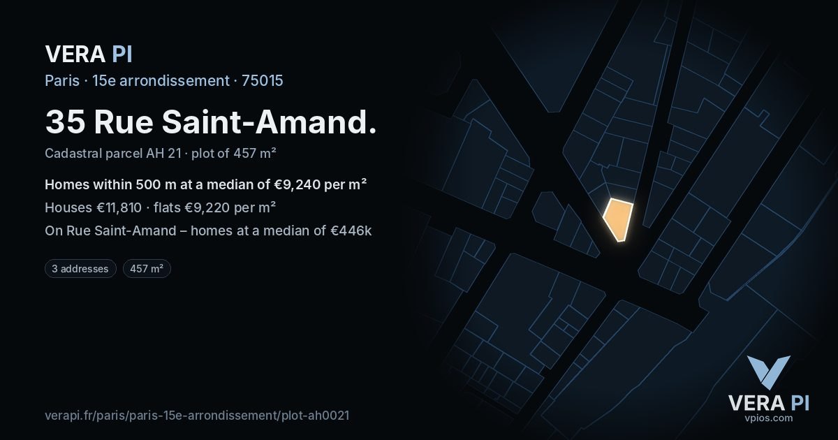 35 Rue Saint-Amand, 15e arrondissement at night – the plot lit, the parcels around coloured by the prices near them