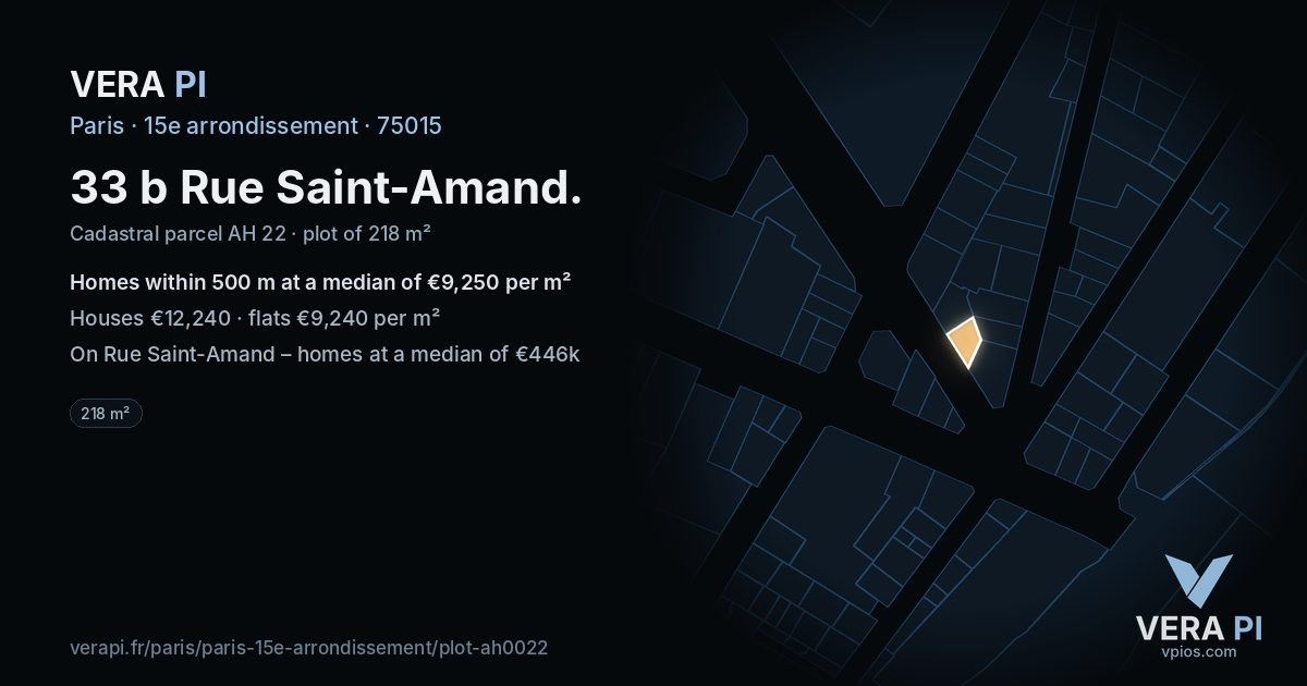 33 b Rue Saint-Amand, 15e arrondissement at night – the plot lit, the parcels around coloured by the prices near them