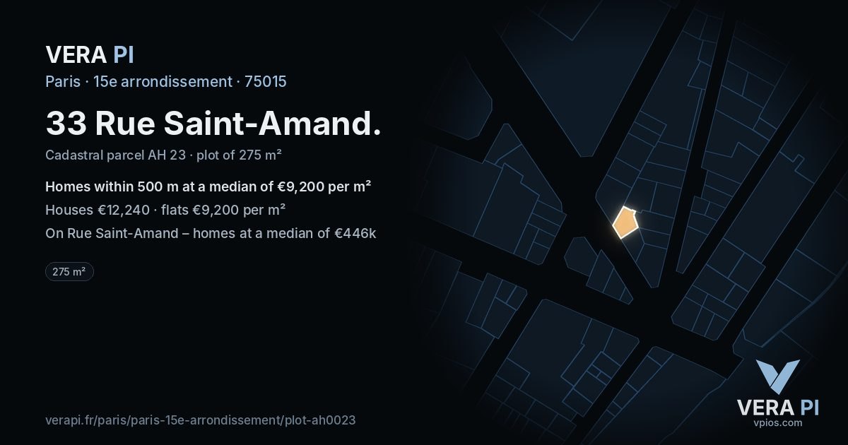 33 Rue Saint-Amand, 15e arrondissement at night – the plot lit, the parcels around coloured by the prices near them