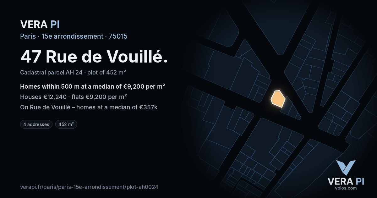47 Rue de Vouillé, 15e arrondissement at night – the plot lit, the parcels around coloured by the prices near them