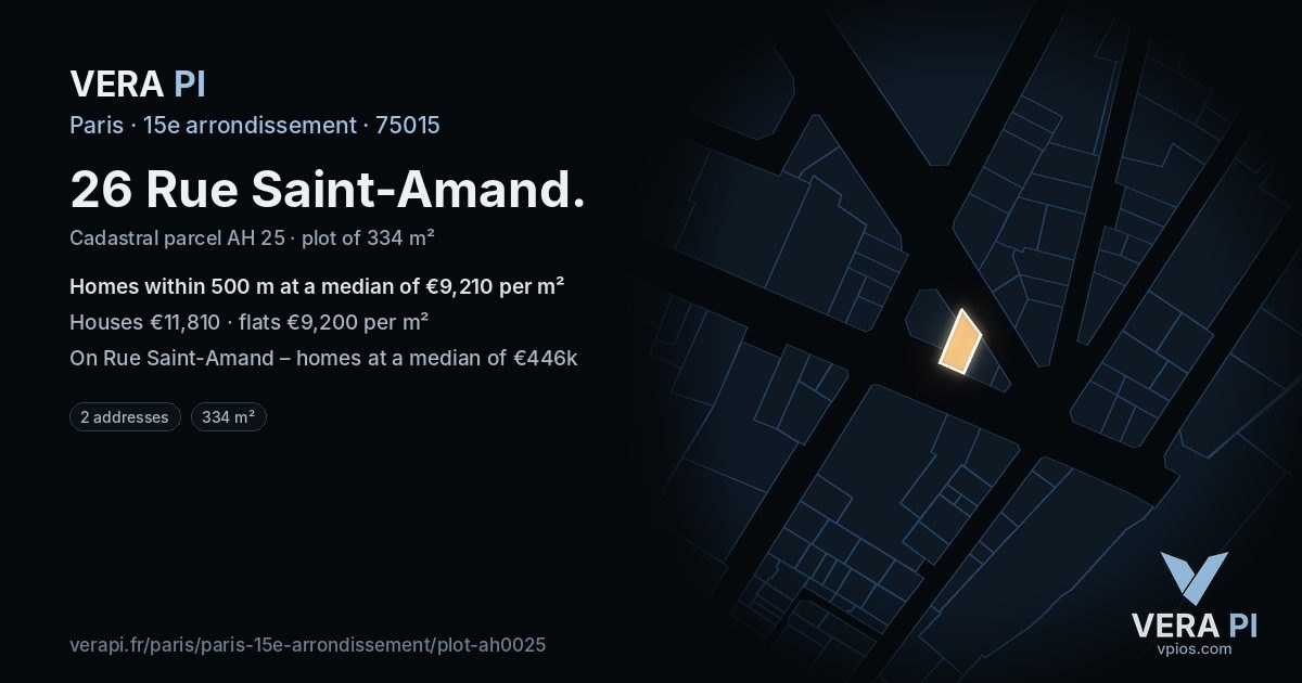 26 Rue Saint-Amand, 15e arrondissement at night – the plot lit, the parcels around coloured by the prices near them