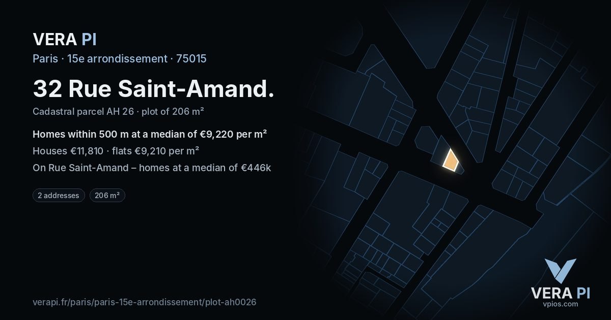 32 Rue Saint-Amand, 15e arrondissement at night – the plot lit, the parcels around coloured by the prices near them