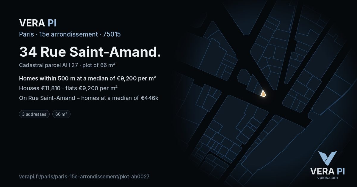 34 Rue Saint-Amand, 15e arrondissement at night – the plot lit, the parcels around coloured by the prices near them