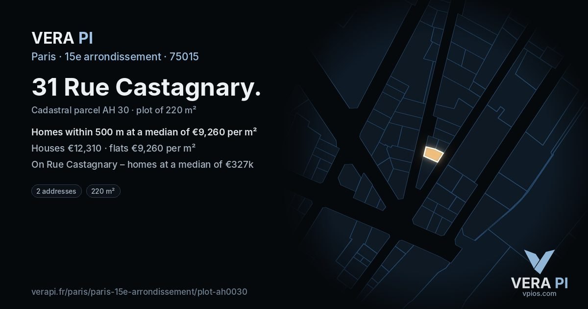 31 Rue Castagnary, 15e arrondissement at night – the plot lit, the parcels around coloured by the prices near them