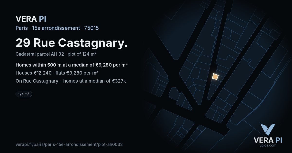 29 Rue Castagnary, 15e arrondissement at night – the plot lit, the parcels around coloured by the prices near them