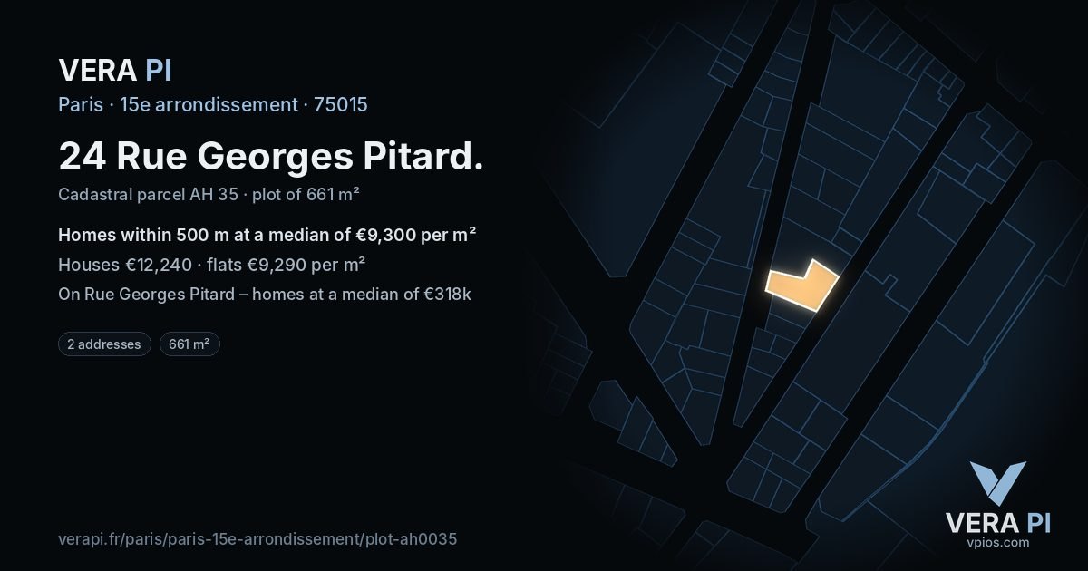 24 Rue Georges Pitard, 15e arrondissement at night – the plot lit, the parcels around coloured by the prices near them