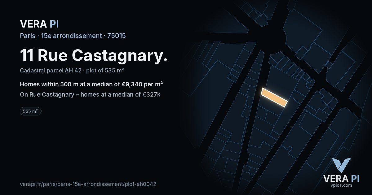 11 Rue Castagnary, 15e arrondissement at night – the plot lit, the parcels around coloured by the prices near them