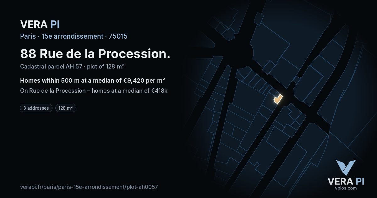 88 Rue de la Procession, 15e arrondissement at night – the plot lit, the parcels around coloured by the prices near them